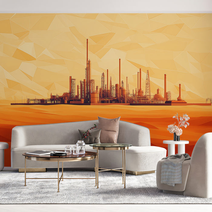 Abstract Desert Industrial City Mural Wallpaper | Stylized Factory Landscape with Warm Tones