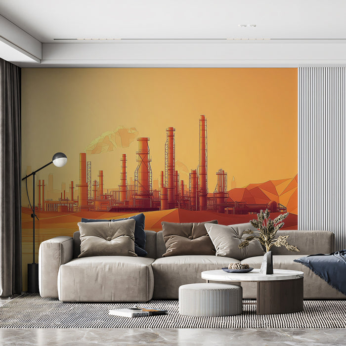 Papel tapiz mural de refinería de petróleo en el desierto abstracto | Paisaje industrial estilizado al atardecer