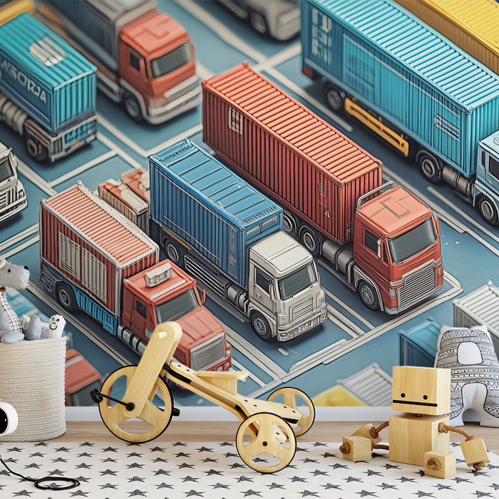 Overhead View Shipping Container Trucks Mural Wallpaper | Modern Logistics Pattern