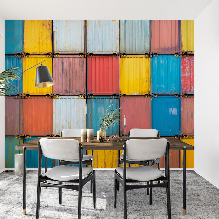 Colorful Distressed Shipping Containers Mural Wallpaper | Textured Urban Industrial Art