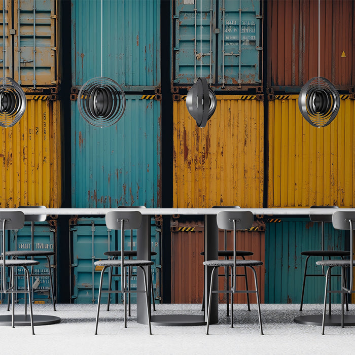 Vibrant Stacked Shipping Containers Mural Wallpaper | Modern Industrial Pattern