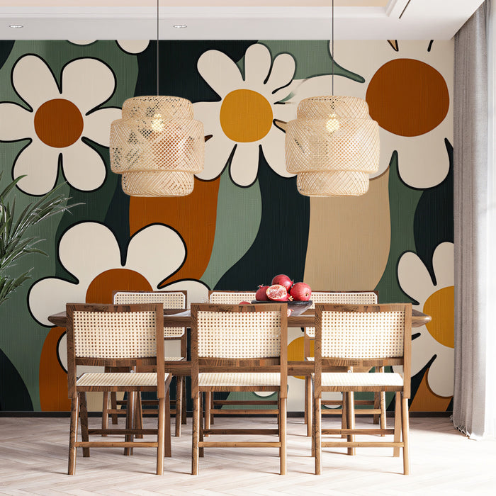Retro Daisy Flower Pattern Mural Wallpaper | Groovy Floral Design with Organic Waves