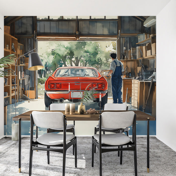 Papel tapiz mural de escena de garaje de coches clásicos | Arte de restauración de autos vintage