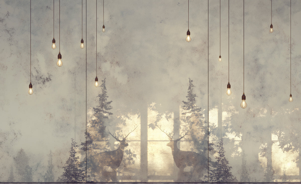 Minimalist Deer and Bulb Mural Wallpaper | Beige, Brown and White -4