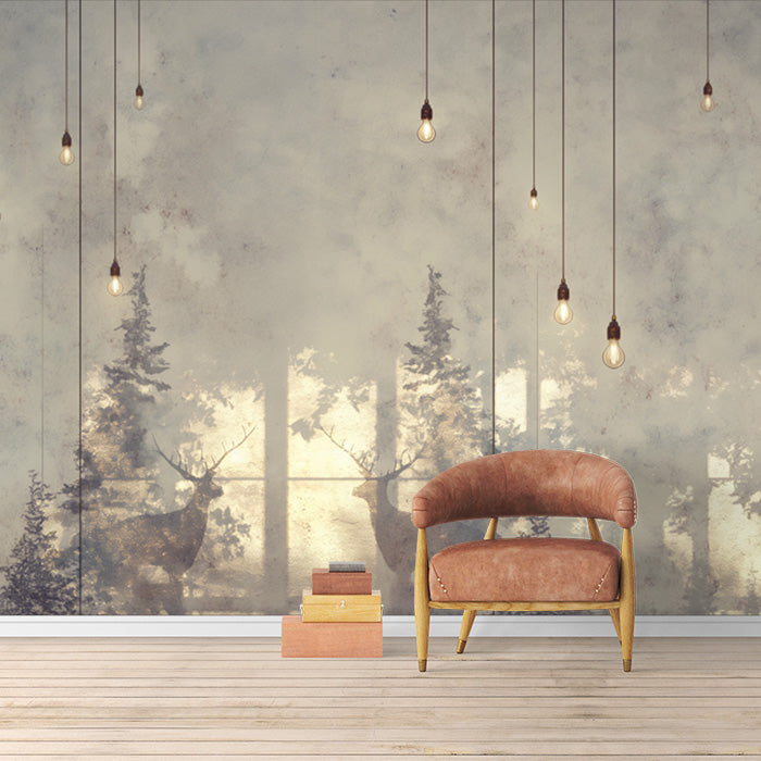 Minimalist Deer and Bulb Mural Wallpaper | Beige, Brown and White -4