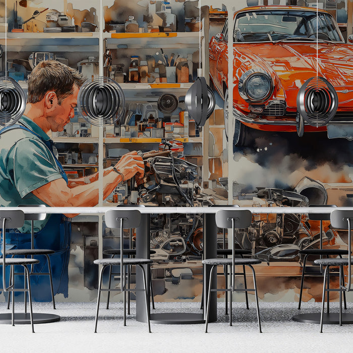 Mechanic at Work Mural Wallpaper | Classic Car Restoration Art Split Panel