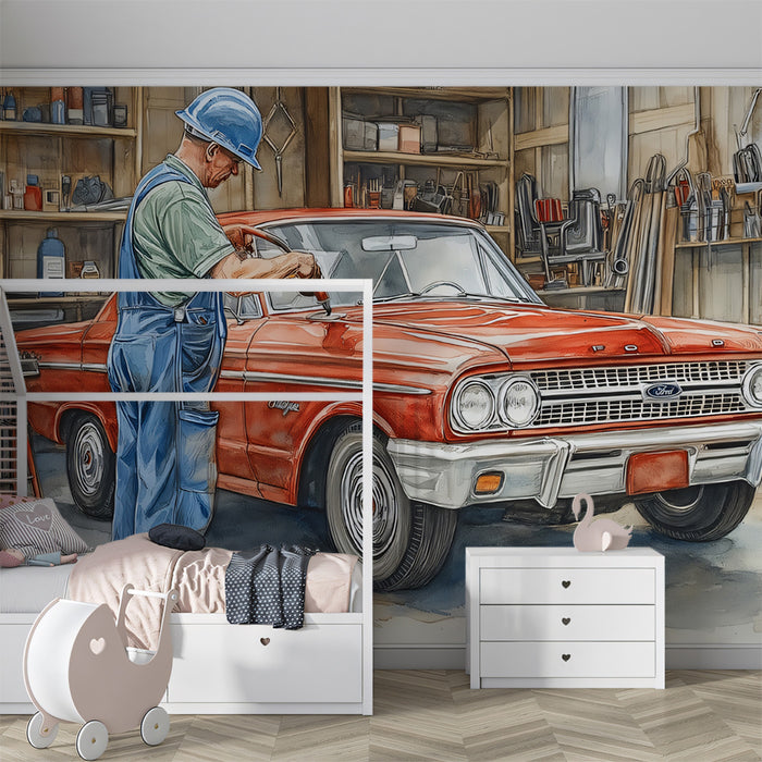 Classic Car Restoration Scene in a Wood-Paneled Garage Mural Wallpaper | Detailed Watercolor Illustration