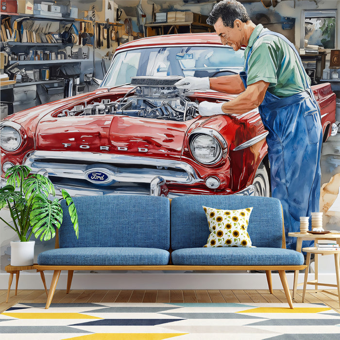 Classic Ford Engine Repair in a Detailed Garage Mural Wallpaper | Vintage Automotive Art