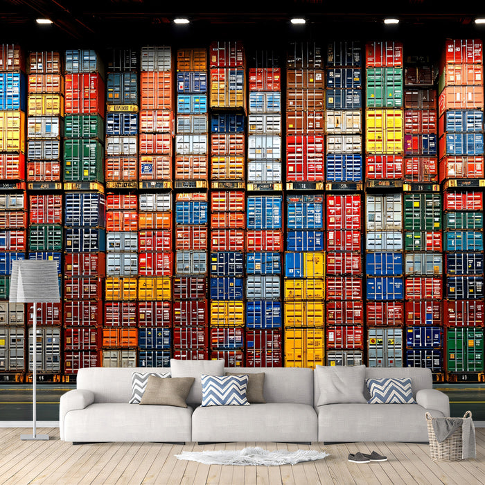 Massive Warehouse of Stacked Shipping Containers Mural Wallpaper | Vibrant Industrial Storage