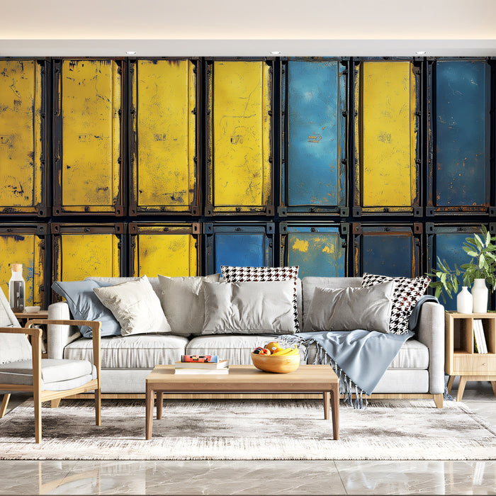 Distressed Industrial Container Panel Mural Wallpaper | Weathered Yellow and Blue Texture
