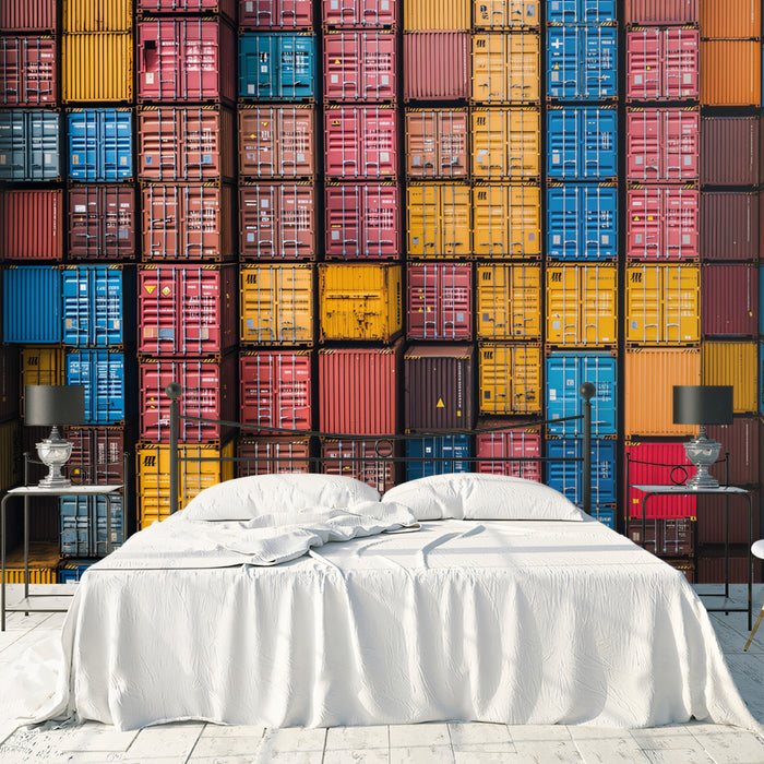 Modern Industrial Stacked Shipping Containers Mural Wallpaper | Colorful Logistics Pattern