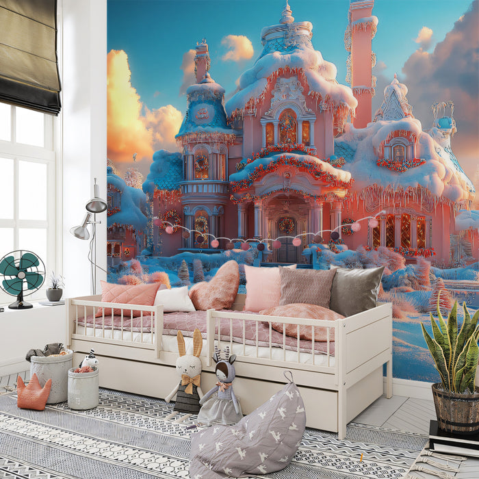 Whimsical Pink Gingerbread House in a Snowy Winter Wonderland Mural Wallpaper | Fantasy Christmas Art