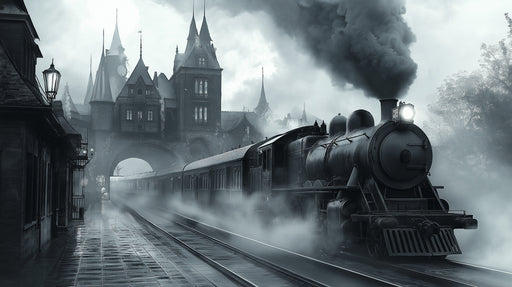 Vintage steam train on tracks with a castle-like building in the background