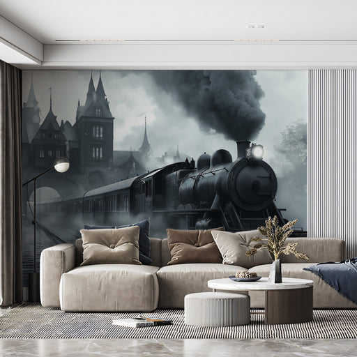 Living room with a large wall mural of a steam train and castle.
