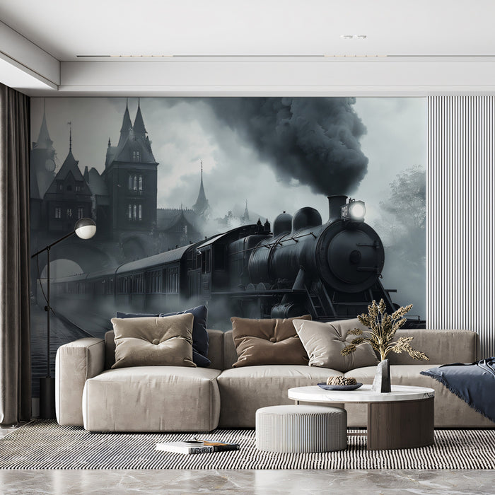 Mysterious Steampunk Train at a Victorian Station Mural Wallpaper | Vintage Fantasy Art