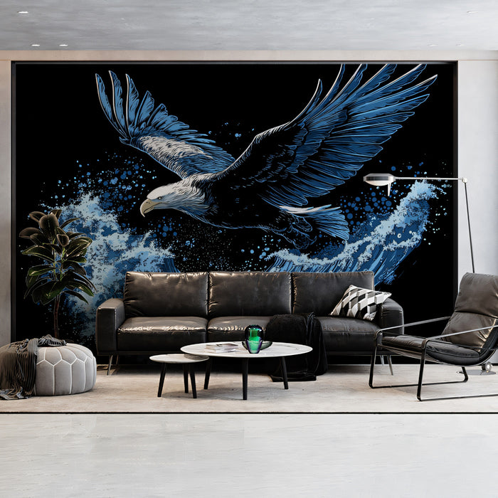 Powerful Bald Eagle and Dynamic Wave Mural Wallpaper | Bold Ocean Wildlife Art
