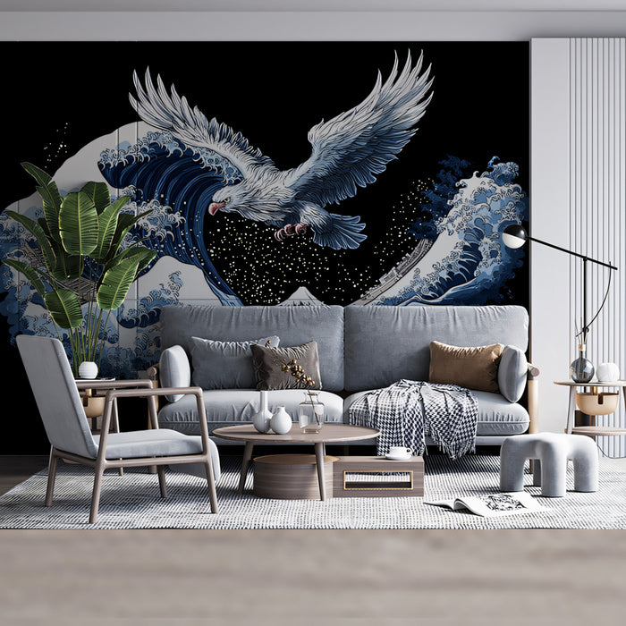 Striking Bald Eagle and Japanese Great Wave Art Mural Wallpaper | High-Contrast Ocean Scene