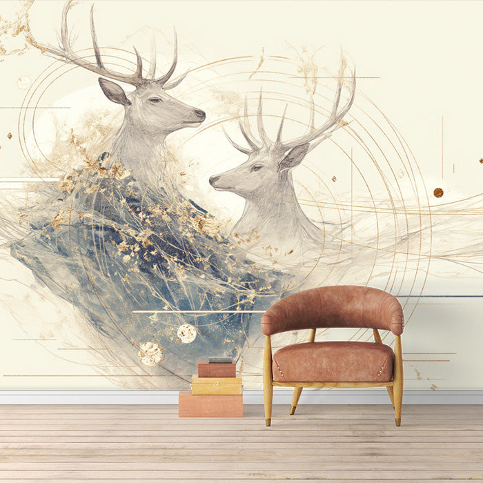 Carta da parati murale astratta con cervi e motivi geometrici | Beige, blu e oro