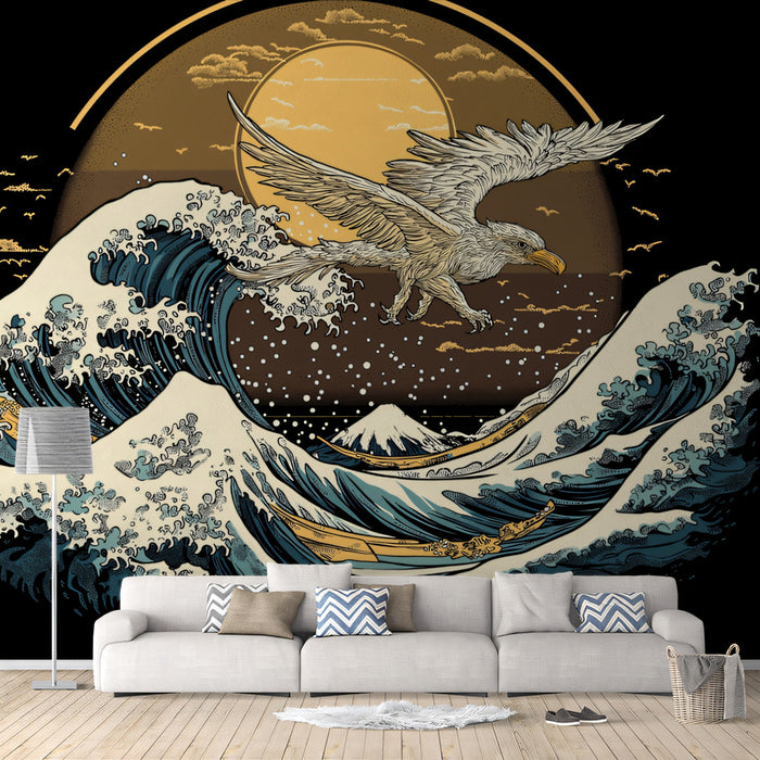 Japanese Ukiyo-e Style Eagle and Waves Mural Wallpaper | Vintage Coastal Art