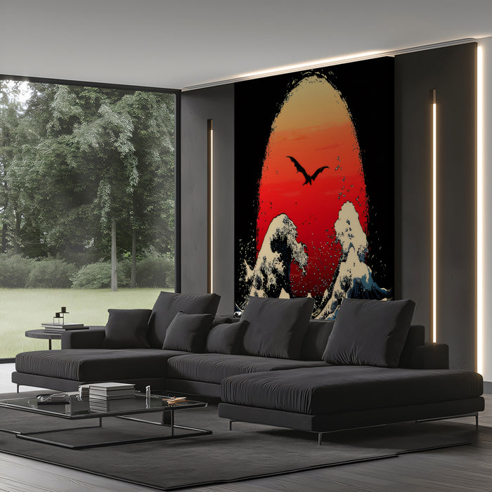 Japanese Ukiyo-e Great Wave with a Dragon Mural Wallpaper | Dramatic Sunset Art