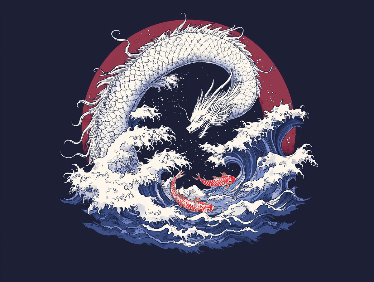 Japanese Dragon and Koi Fish Great Wave Mural Wallpaper | Mythical Ocean Art