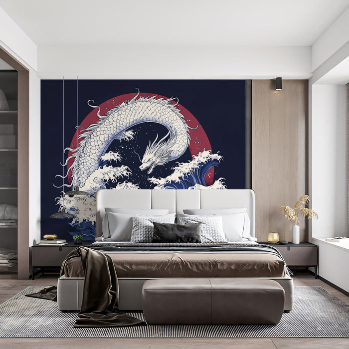 Japanese Dragon and Koi Fish Great Wave Mural Wallpaper | Mythical Ocean Art