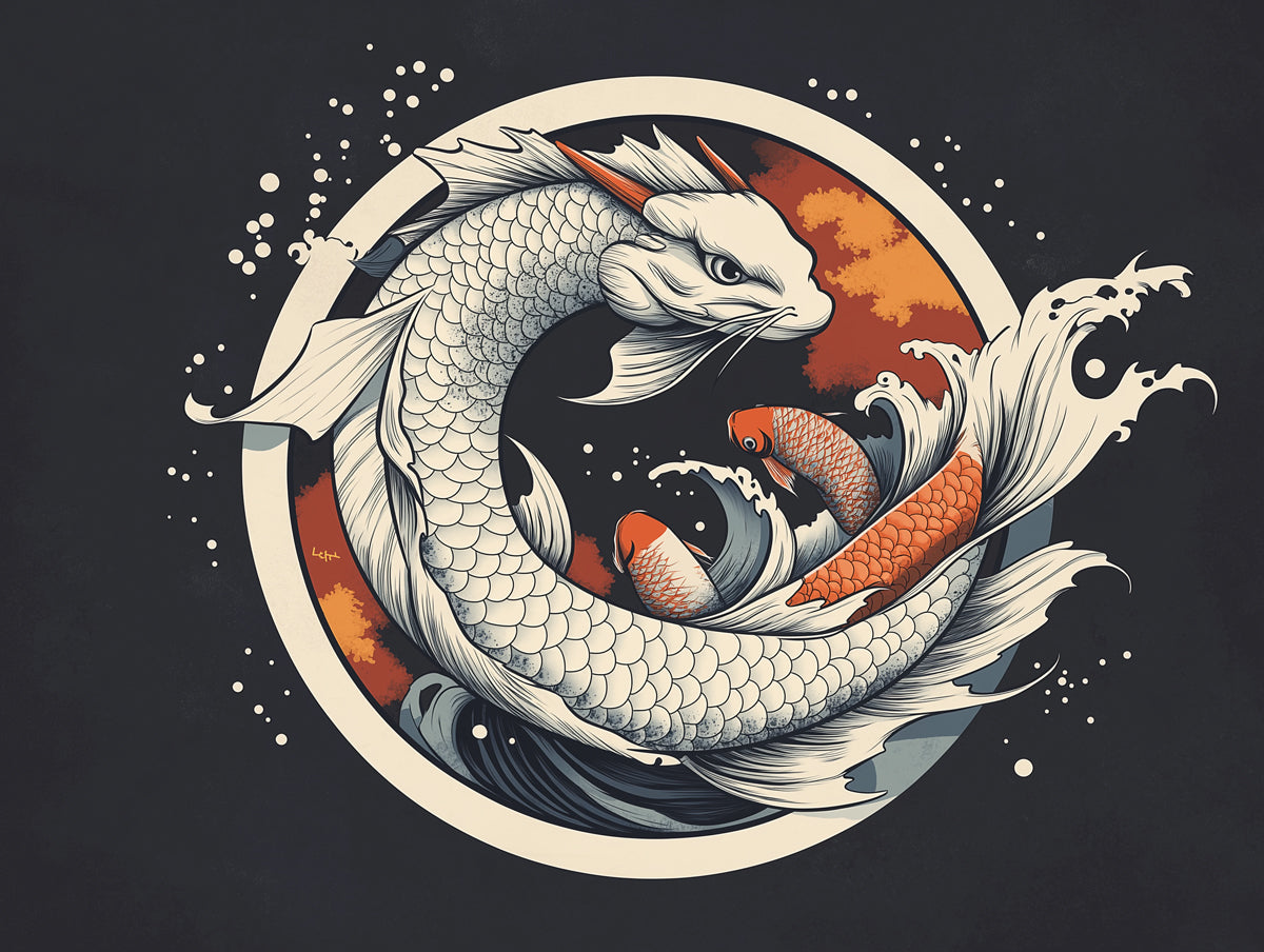 Dragone giapponese circolare con carpe koi | Design mistico e audace