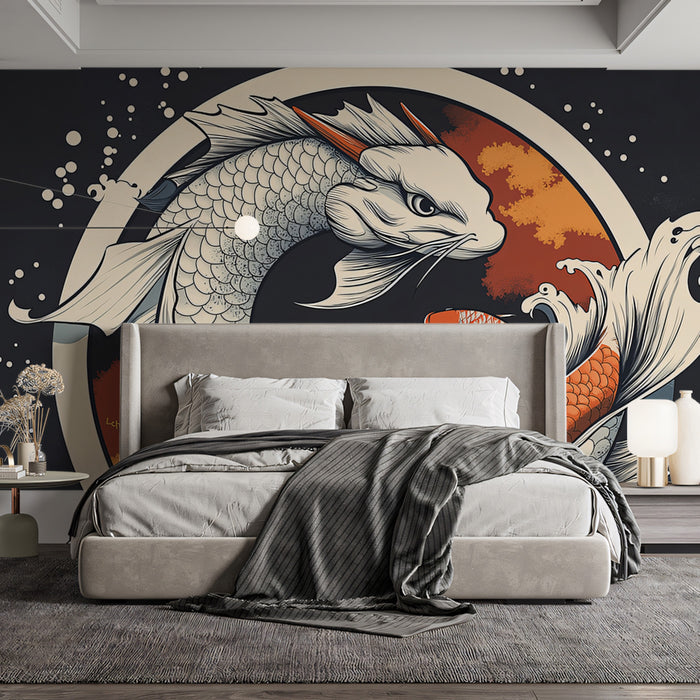Circular Japanese Dragon Koi Fish Tattoo Art Mural Wallpaper | Mystical and Bold Design