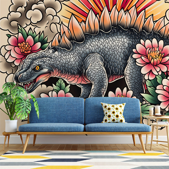 Neo-Traditional Tattoo Stegosaurus Floral Mural Wallpaper | Edgy Dinosaur Art