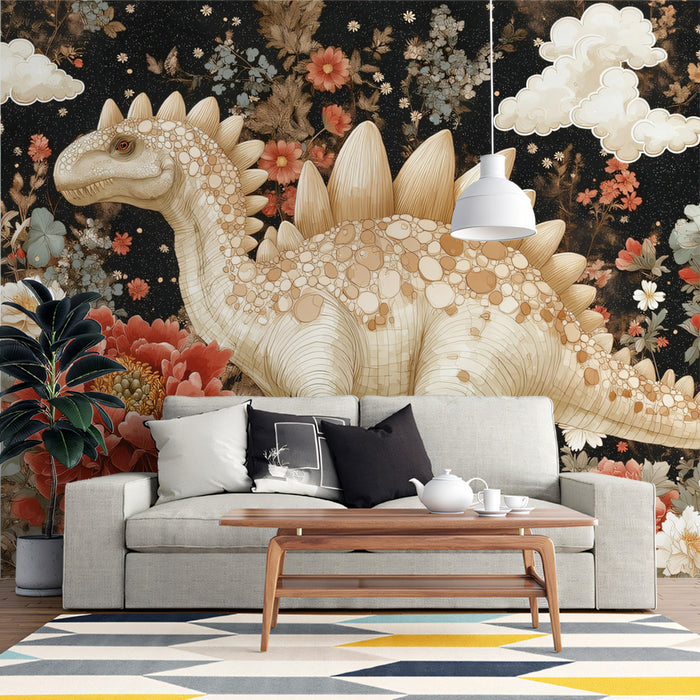 Vintage Floral Garden with a Gentle Stegosaurus Mural Wallpaper | Whimsical Dinosaur Illustration