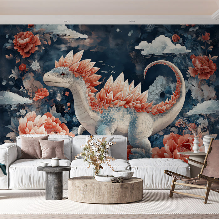 Stegosaurus in a Magical Floral Field Mural Wallpaper | Fantasy Dinosaur Art