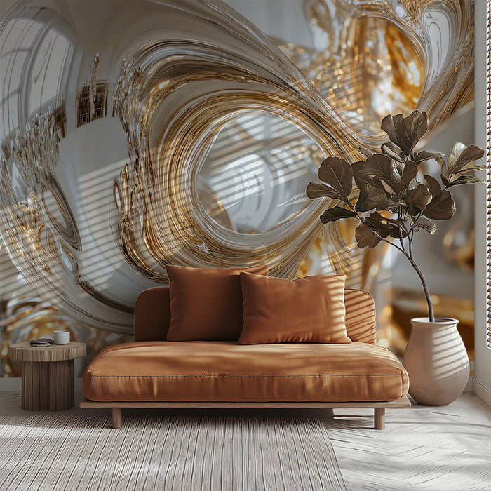 Fluid Chrome and Gold Abstract Sculpture Mural Wallpaper | Modern Metallic Art