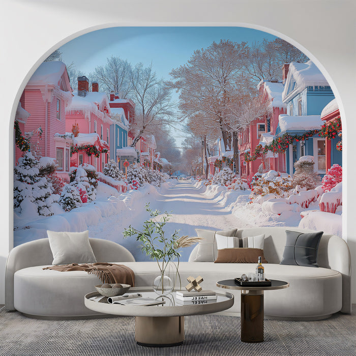 Snowy Christmas Village Street with Pastel Houses Mural Wallpaper | Charming Holiday Scene