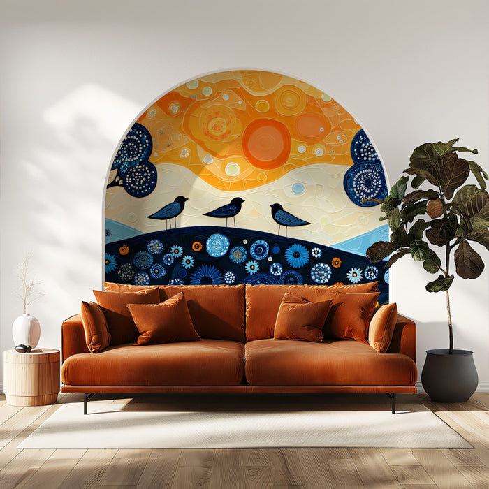 Whimsical Landscape with Decorative Trees and Birds Mural Wallpaper | Colorful Folk Art Scene