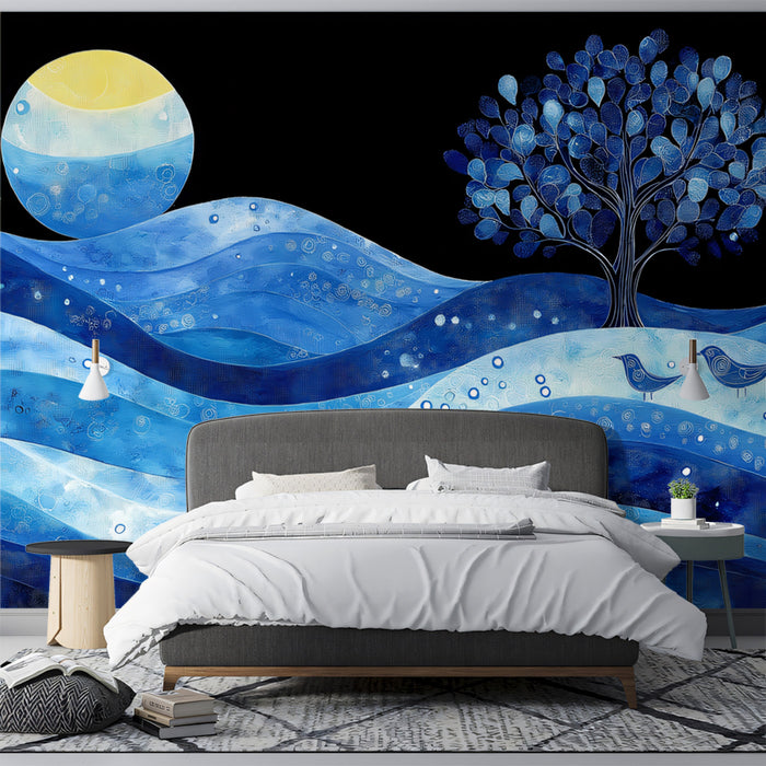 Serene Moonlit Landscape with Blue Tree and Birds Mural Wallpaper | Tranquil Night Scene