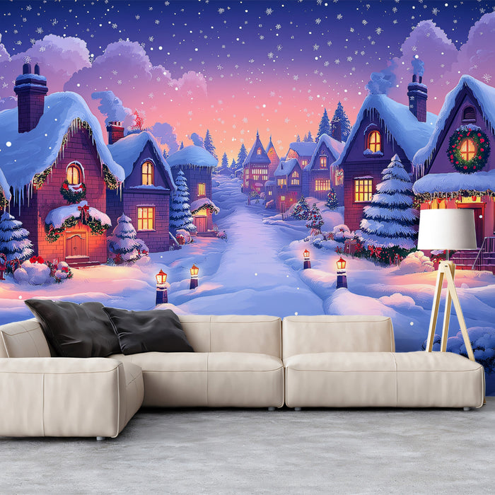 Enchanting Snow-Covered Village at Twilight Mural Wallpaper | Festive Winter Scene