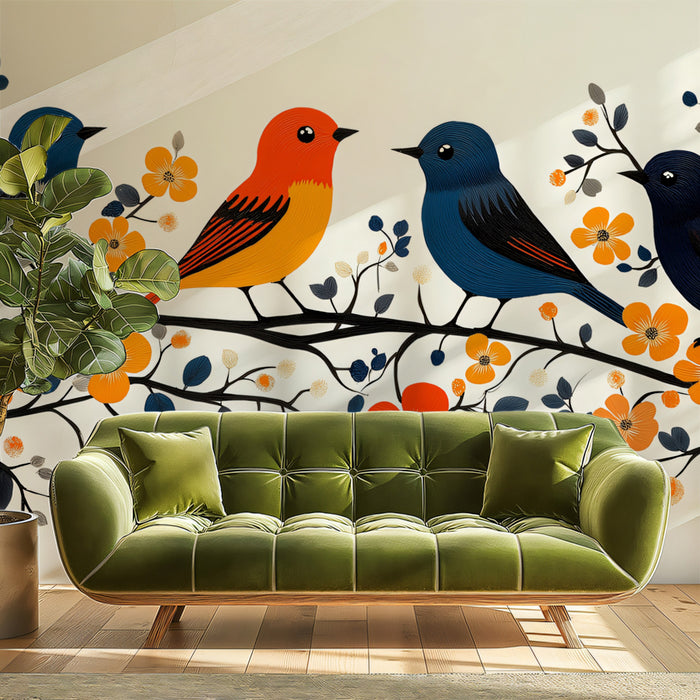 Colorful Birds on Flowering Branches Mural Wallpaper | Vibrant Nature Illustration
