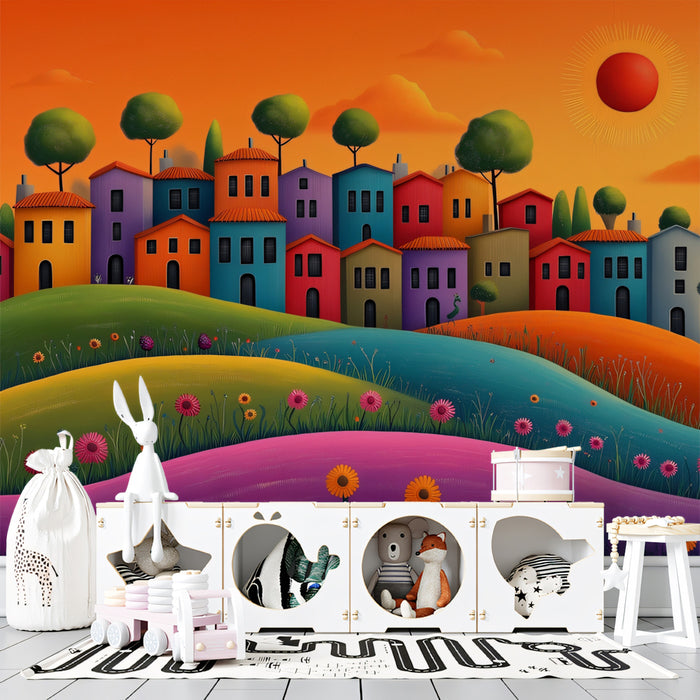 Colorful Hillside Village at Sunset Mural Wallpaper | Cheerful and Vibrant Landscape
