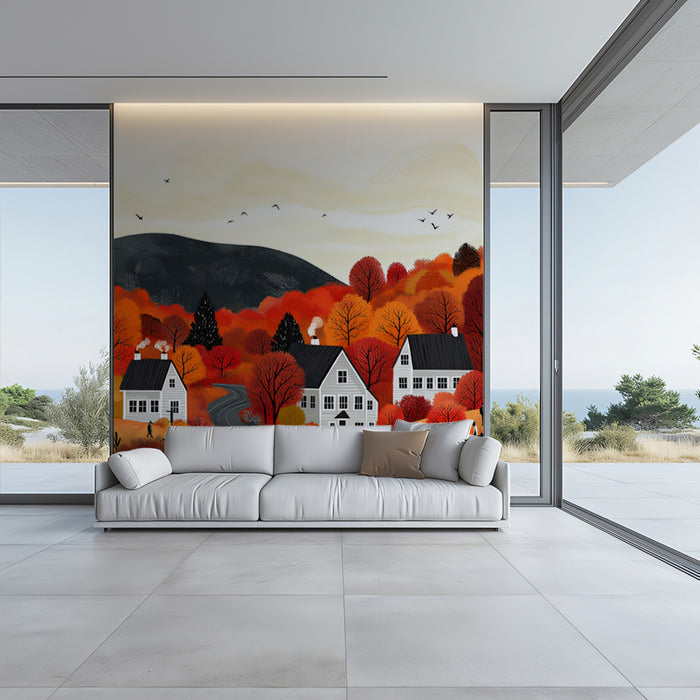 Autumn Village in a Forest of Red and Orange Trees Mural Wallpaper | Cozy Fall Scene