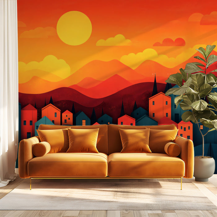 Twilight Village in a Mountain Valley Mural Wallpaper | Calm and Colorful Landscape