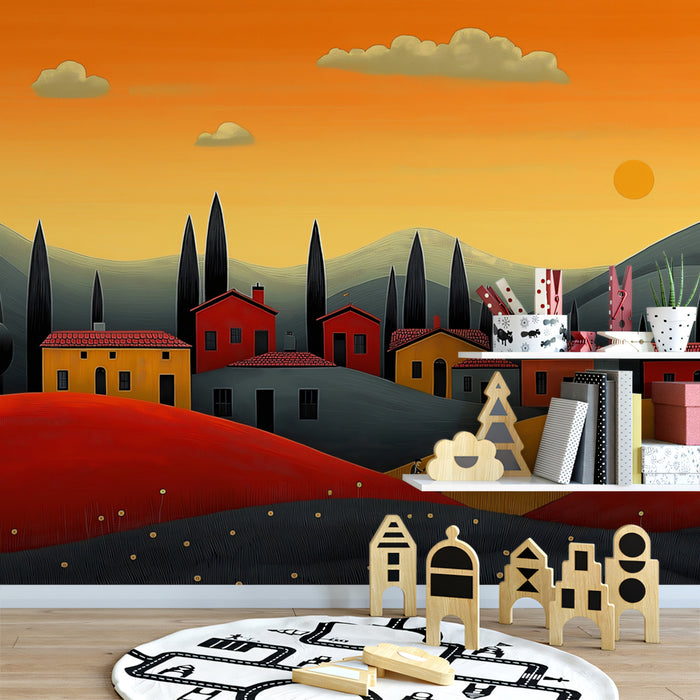 Tuscan Village Landscape Mural Wallpaper | Warm and Scenic Countryside Art