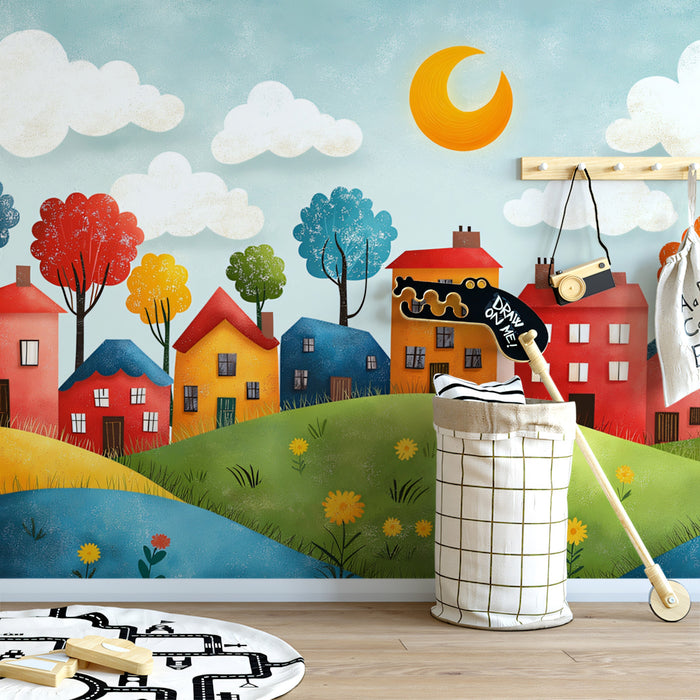 Colorful Houses on Rolling Hills under a Crescent Moon Mural Wallpaper | Whimsical Townscape
