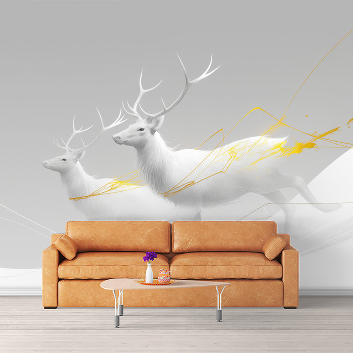 Papel tapiz mural de ciervos blancos con rayas doradas para un espacio comercial | Ciervos blancos, grises y dorados.