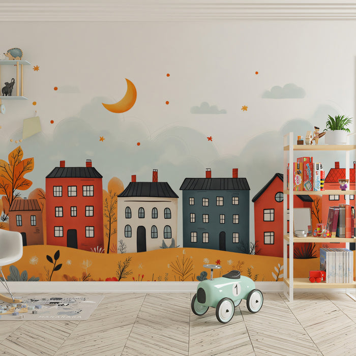 Autumn Townscape with Colorful Houses and Crescent Moons Mural Wallpaper | Cozy Fall Night