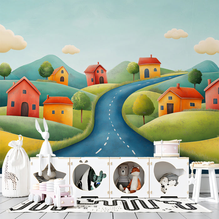 Winding Road Through a Whimsical Village Mural Wallpaper | Playful Countryside Scene