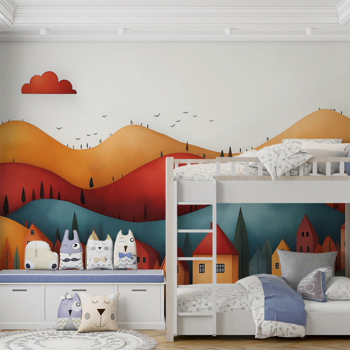 Mountain Village with Colorful Houses in an Autumn Landscape Mural Wallpaper | Scenic Fall Art