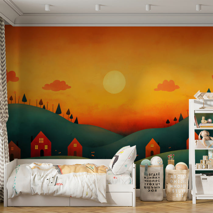 Rural Sunset Landscape with Tiny Houses Mural Wallpaper | Peaceful Countryside Art
