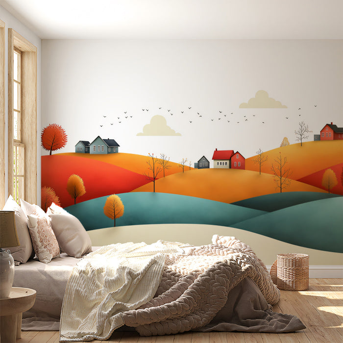 Autumn Hills with Small Houses Mural Wallpaper | Idyllic Fall Landscape