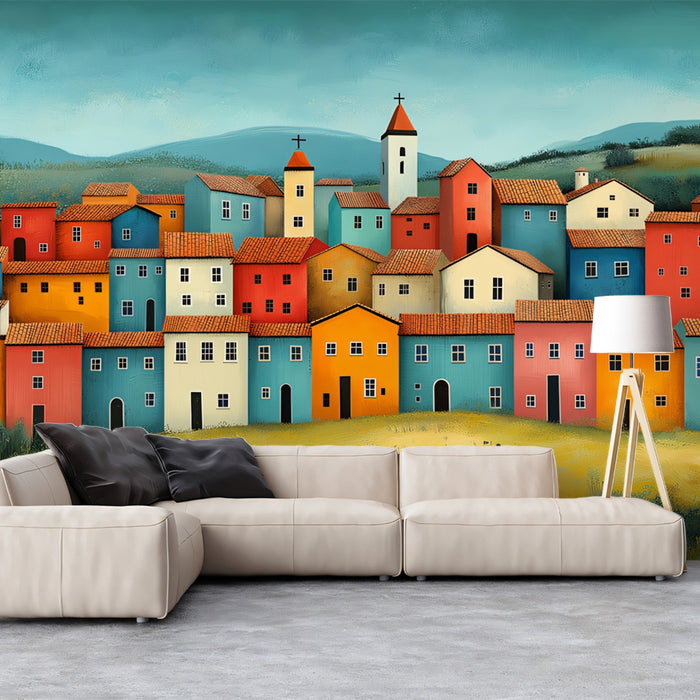 Colorful Hillside Village in a Tuscan Style Mural Wallpaper | Vibrant and Rustic Art
