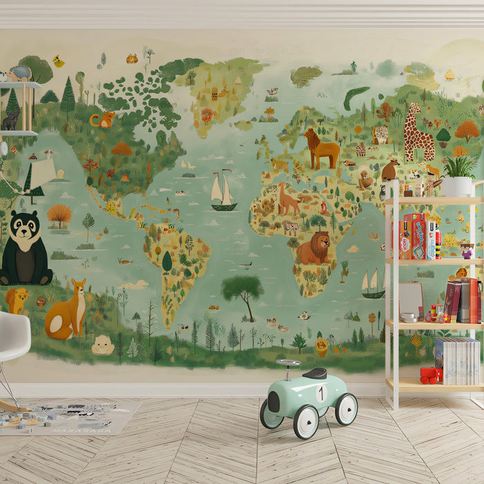 Whimsical World Map with Animals Mural Wallpaper | Cute and Educational Art